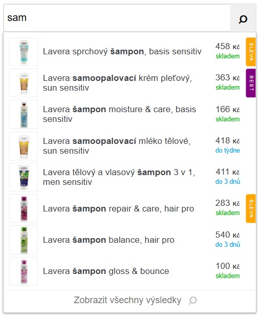 Ukázka fulltextového našeptávače produktů pro eshop