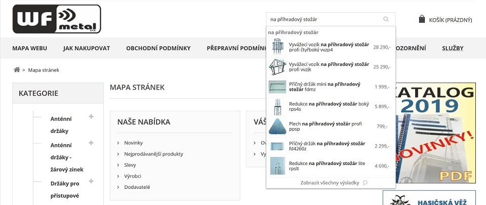 Ukázka našeptávače eshopu s kovovými konstrukcemi