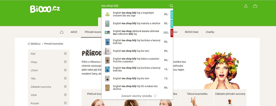 Ukázka našeptávače produktů eshopu