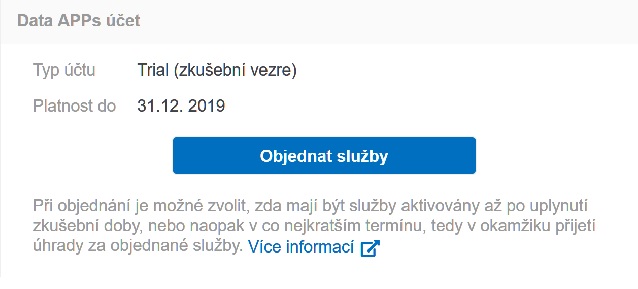 Ukázka tlačítka pro objednání služeb v Data APPs Panelu